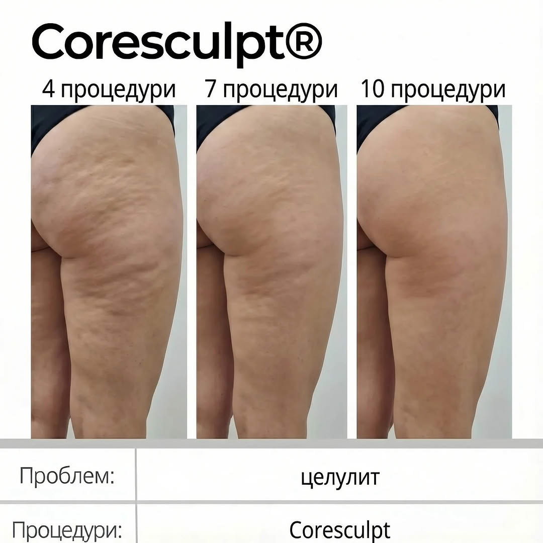 CoreSculpt® реални резултати: намаляване на целулита по бедрата след 4, 7 и 10 процедури