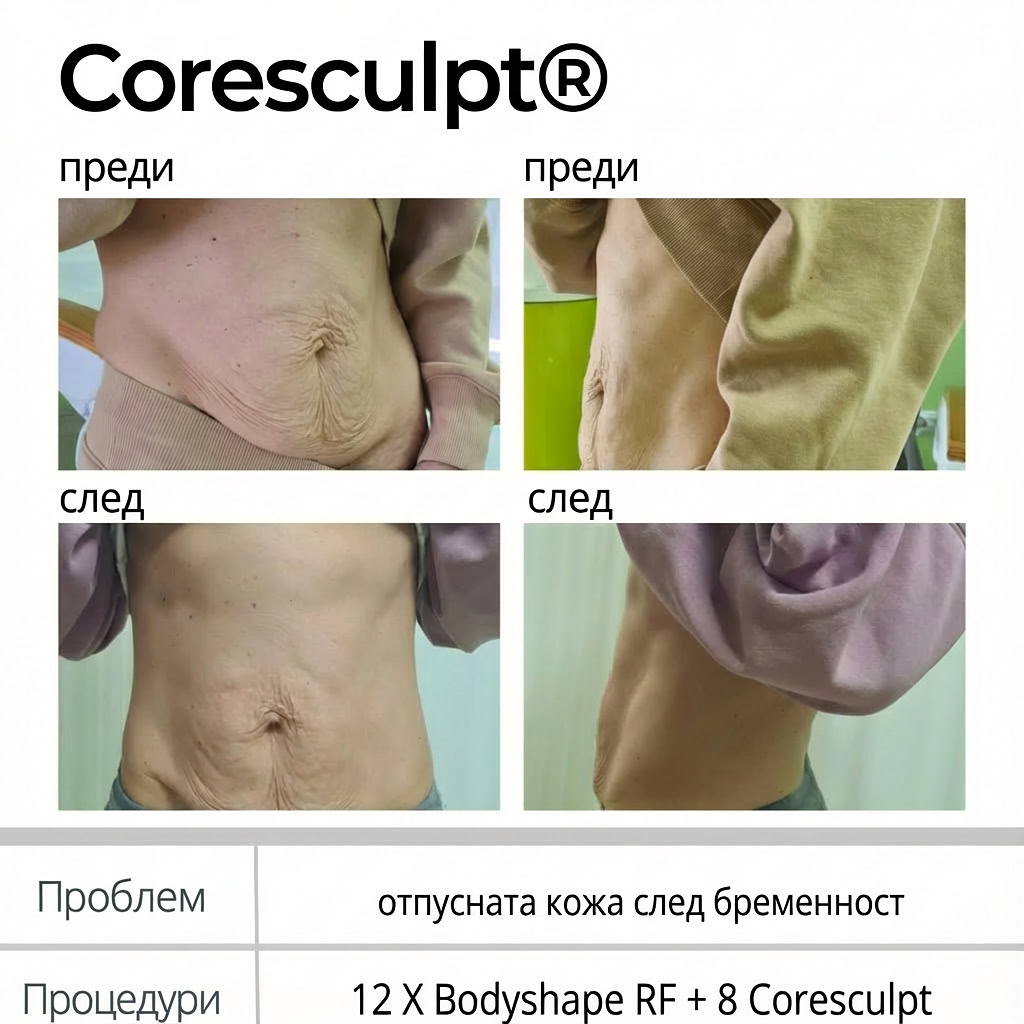 CoreSculpt® реални резултати преди и след: стягане на отпусната кожа по корема след бременност